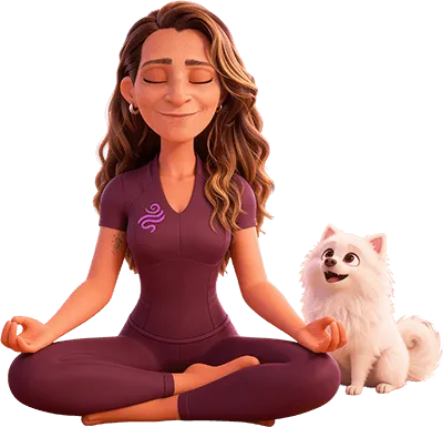 Ilustração de Fê Tavares meditando ao lado de seu cachorro