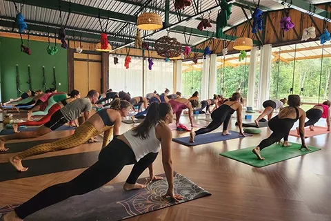 Fê Tavares e alunas em prática de yoga aéreo